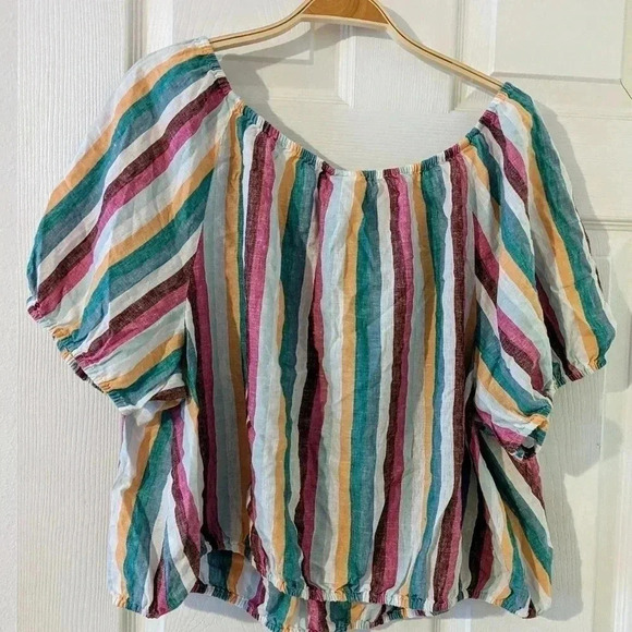 Ava And Viv Blouse Plus 2X Top Striped Short Sleeve Linen Blend White Purple NWT - Picture 3 of 5